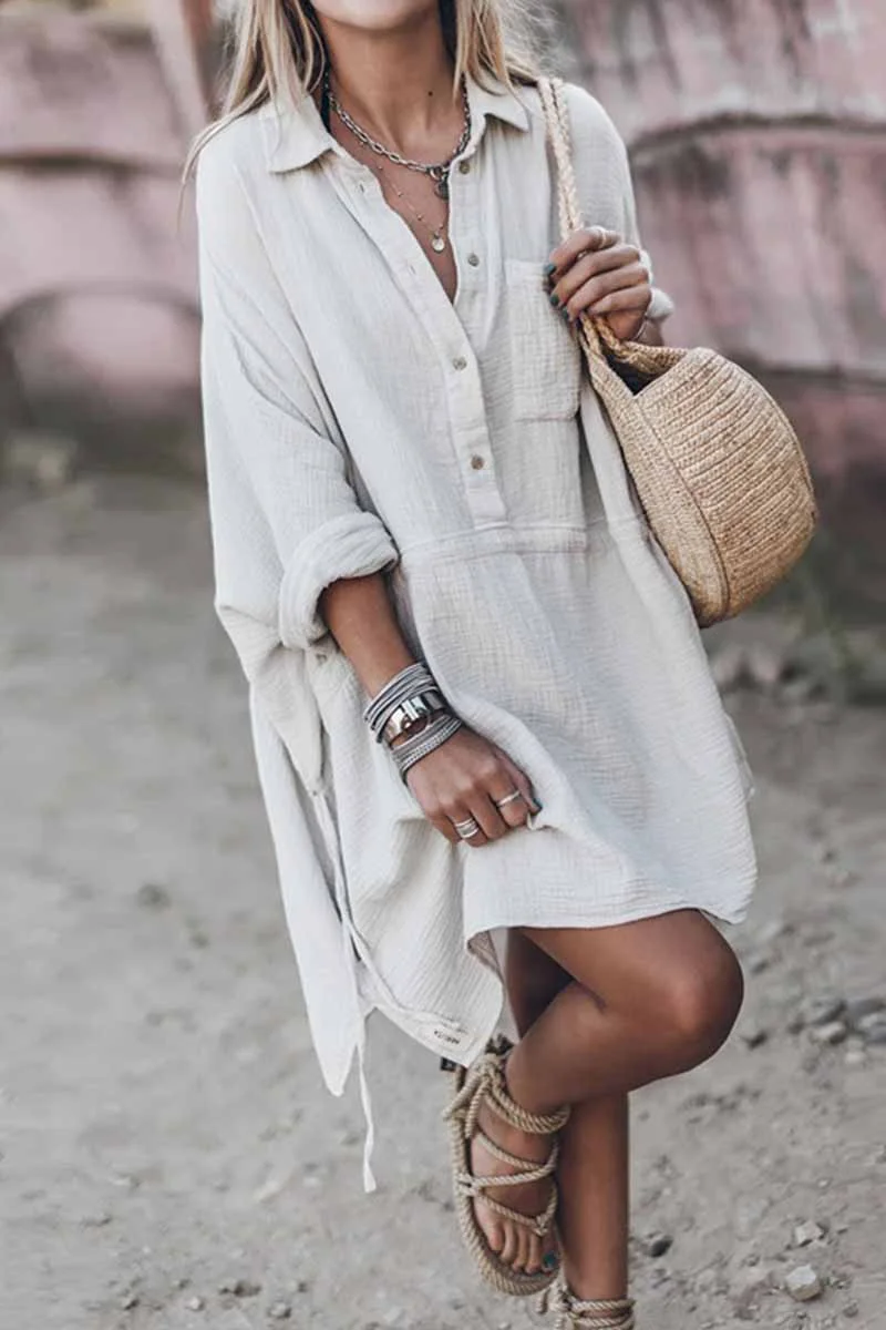 Casual Loose Cotton And Linen V-neck Dress