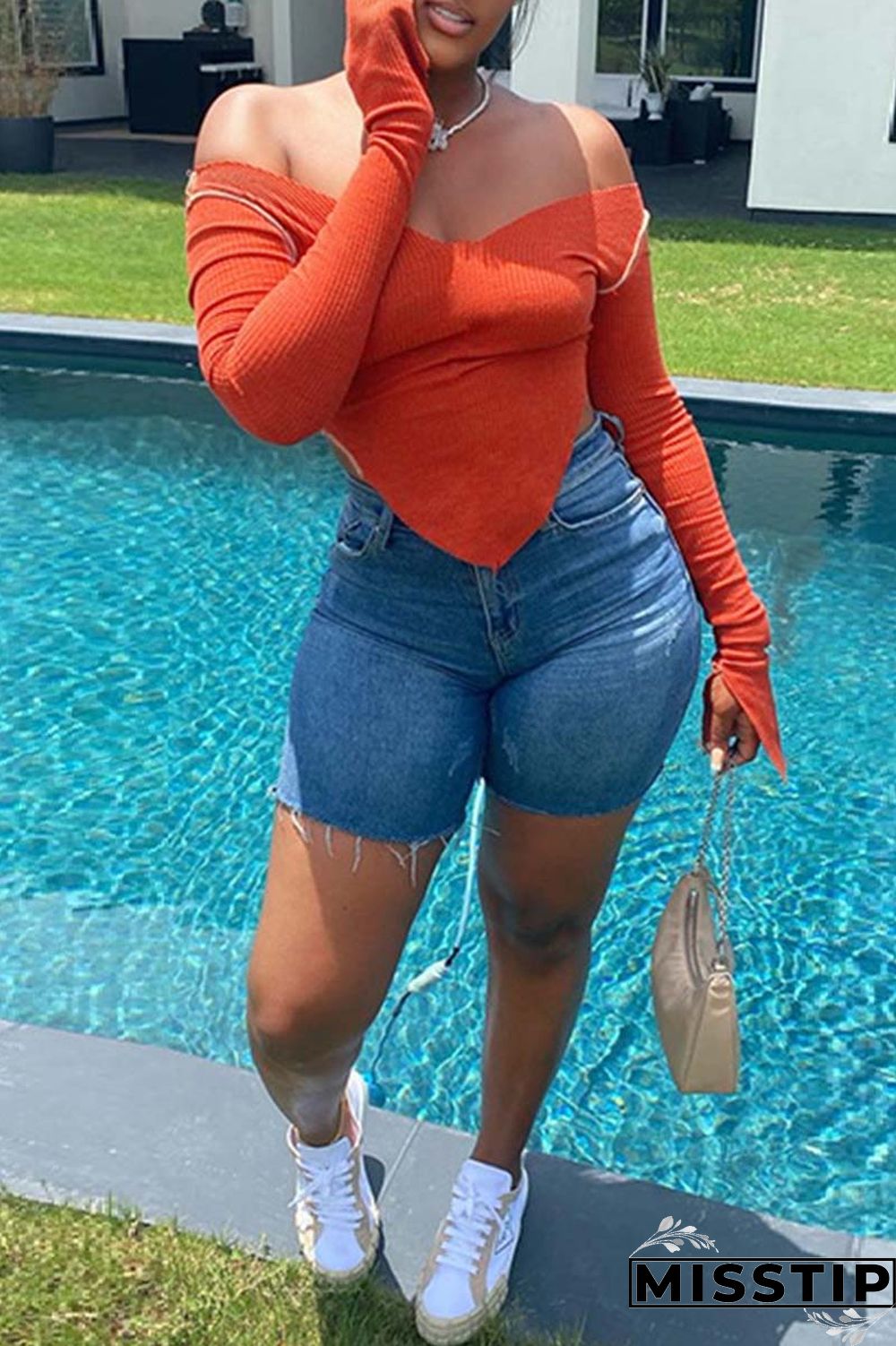 Orange Sexy Casual Solid Backless V Neck Tops