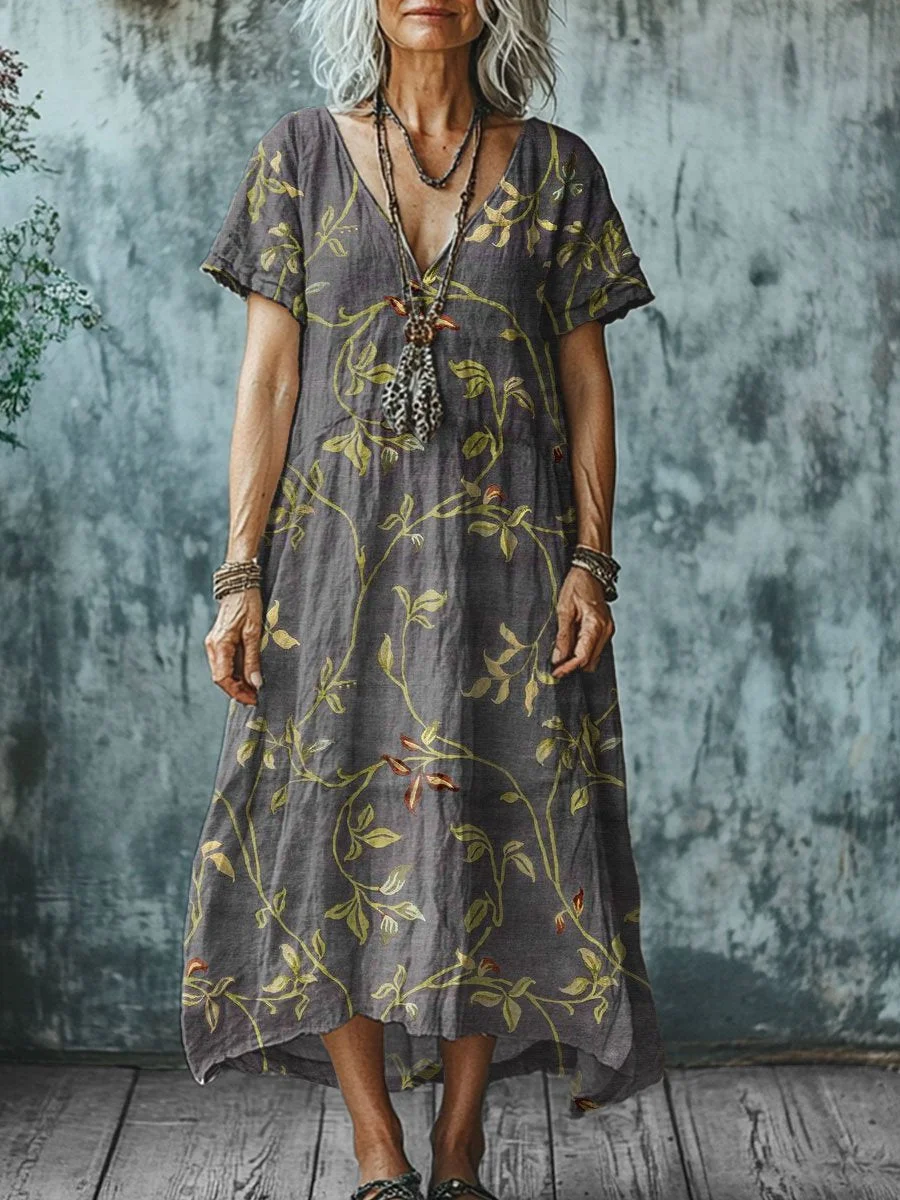 Women's  Vintage  Art Print Pocket Cotton Dress