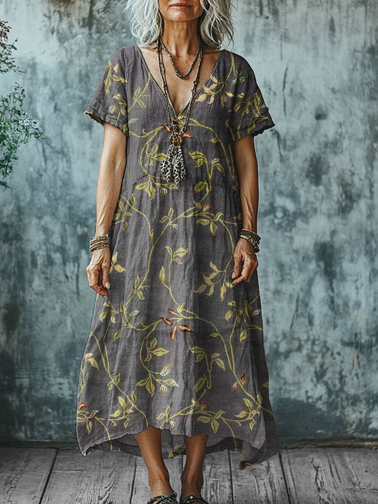 Women's  Vintage  Art Print Pocket Cotton Dress