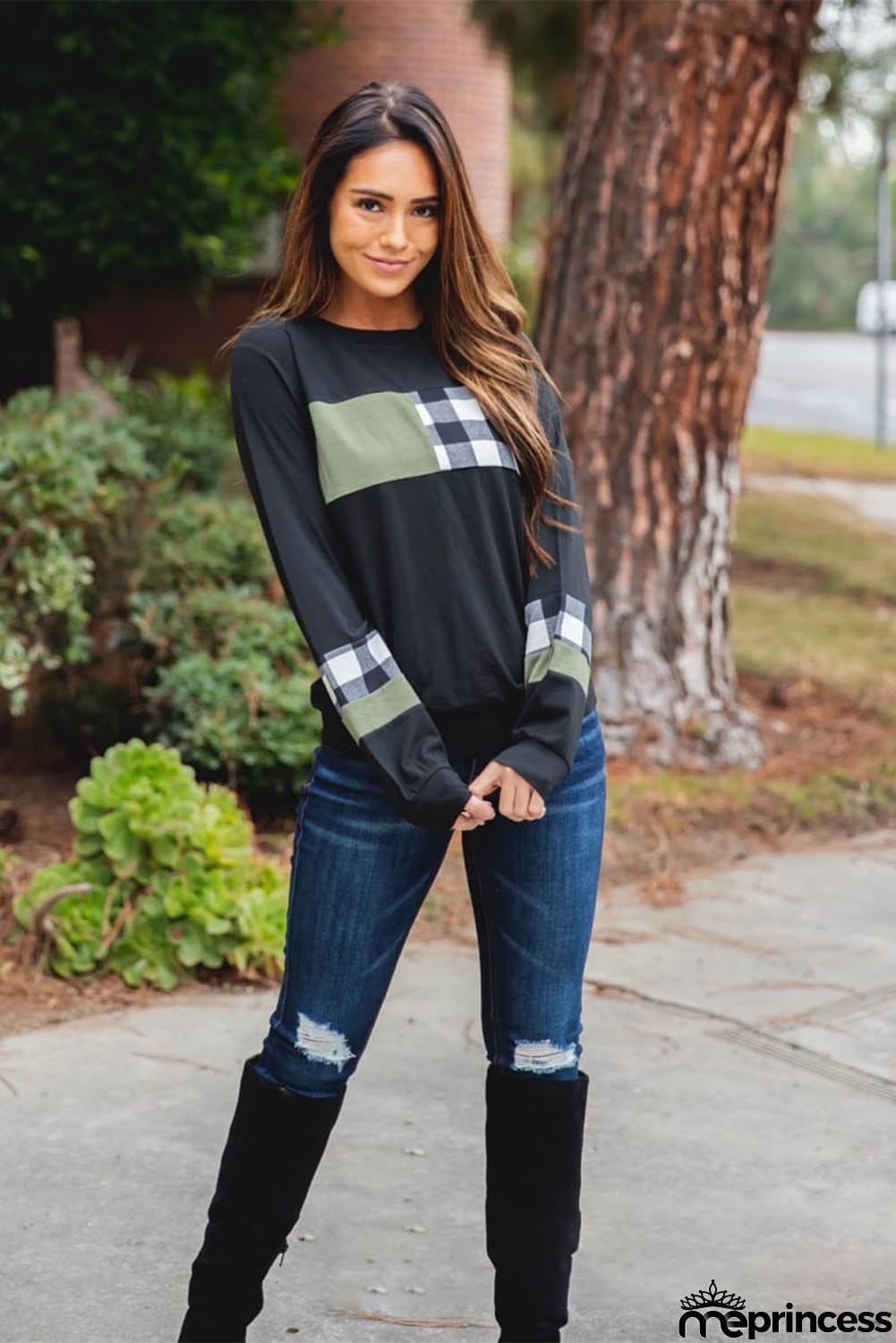 Plaid Splicing Color Block Long Sleeve Top