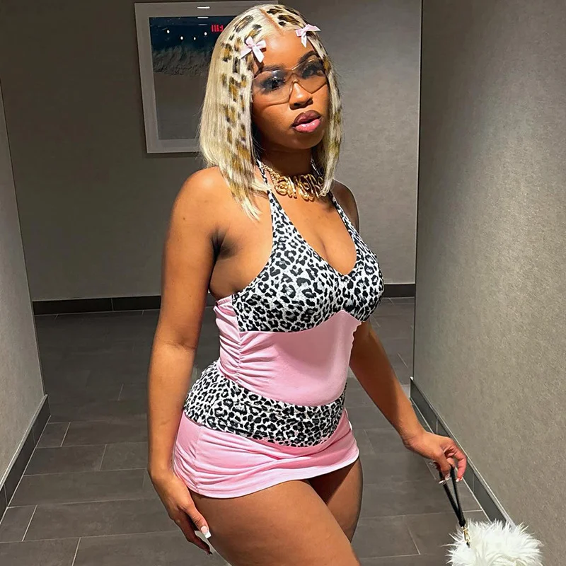 Uveng Uveng Women's Spring And Summer Tethering Neck Deep V-Neck Leopard Print Splicing Folded Bag Of Hips Dress