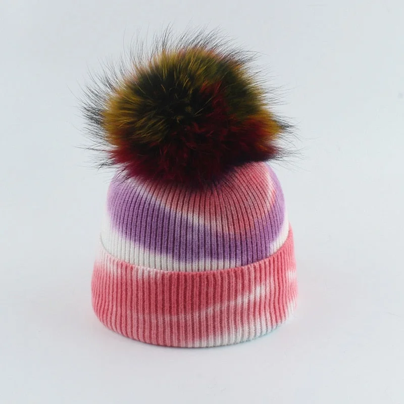 2021 New Fashion Winter Thicken Knitted Hats Warm Real Racoon Fur Pompom Unisex Beanie Tie-dyed Cap Adults Head Cover
