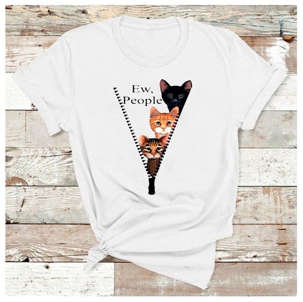 Fashion Women and Girls Cute Cat Print Graphic Short Sleeved T-Shirt O-neck Funny Tees Top Bottming Shirt Woman Clothing - BlackFridayBuys