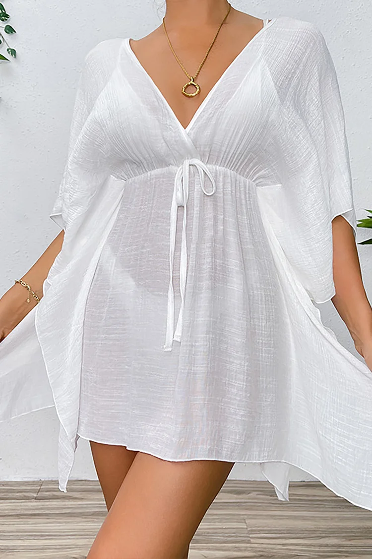 V Neck Batwing Sleeve Tie Up Semi Sheer Plain Cover Ups Mini Dresses-White