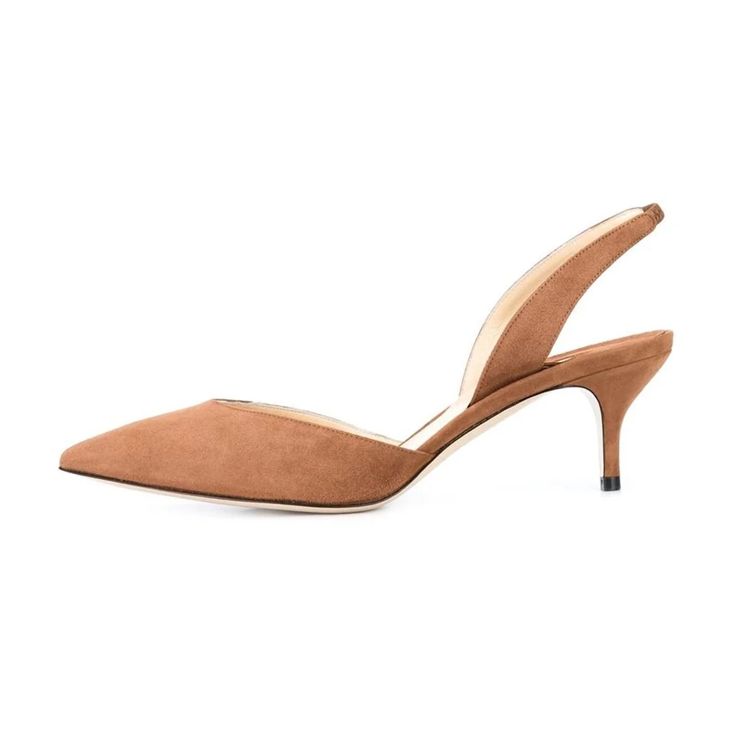 Tan Faux Suede Pointed Toe Slingback Pumps with Kitten Heels