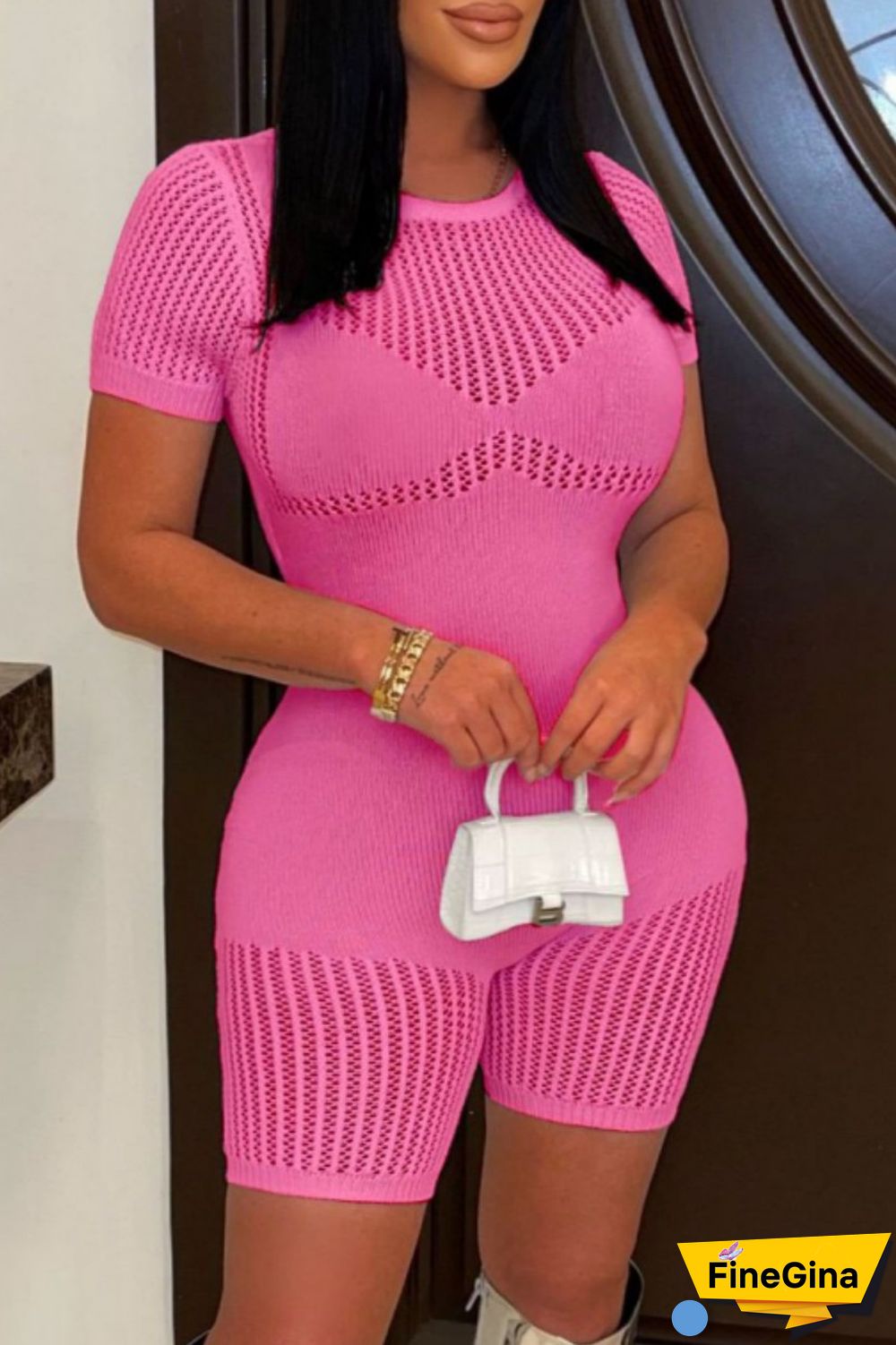 Rose Red Casual Solid Basic O Neck Short Sleeve Skinny Romper