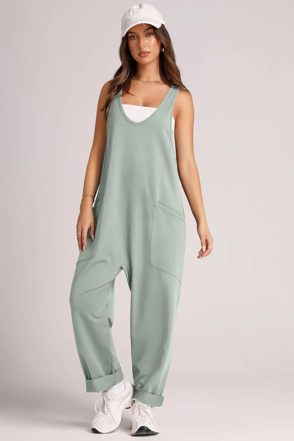 Women's Summer Casual Pocket Knitted One-piece Trousers Jumpsuits