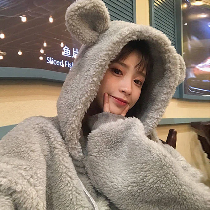 Kawaii Women Hoodies Pullover Girl Winter Loose Fluffy Bear Ear Hoodie Hooded Jacket Warm Outerwear Coat cute sweatshirt Girls