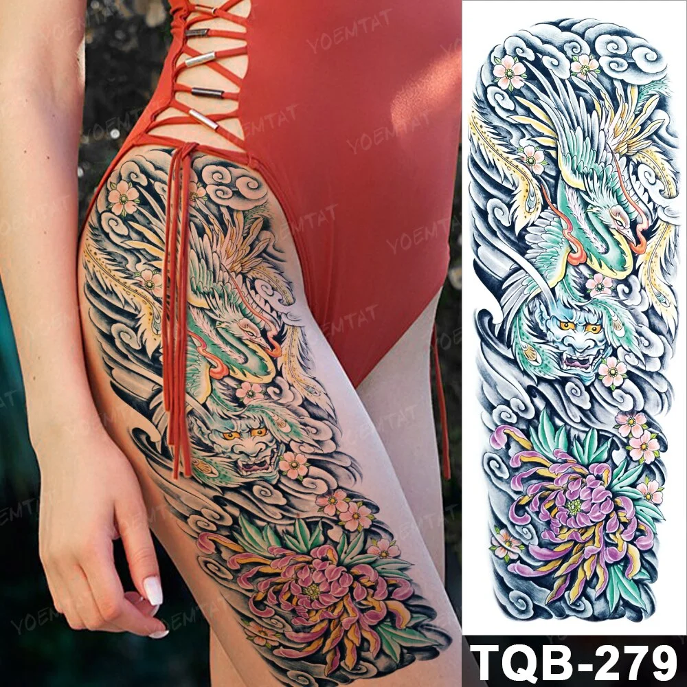 Sdrawing Arm Waterproof Traditional Temporary Tattoo Stickers Women Men Black Line Flowers Koi Crane Thigh Body Art Fake Tattoos