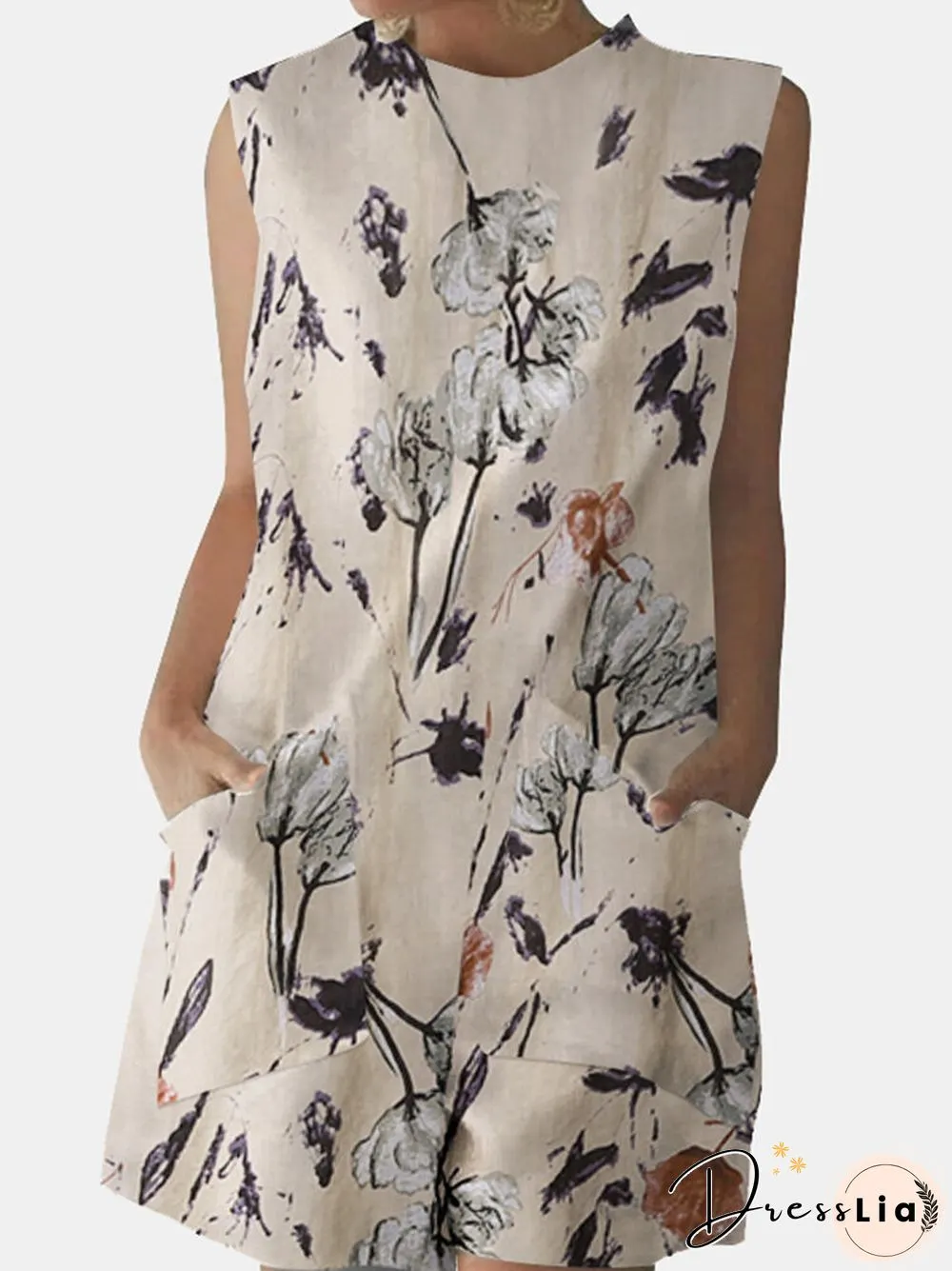 Plant Print Pocket Round Neck Sleeveless Romper