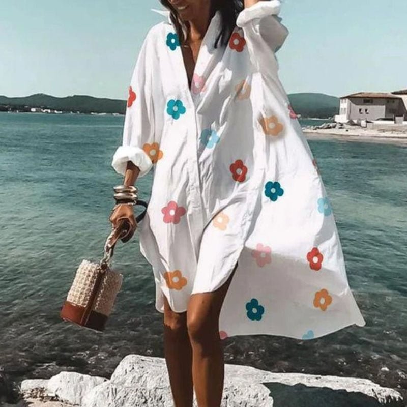 Women Buttons Shirt Dresses Autumn Elegant Floral Printed Long Sleeve Dress Ladies Casual Loose A-Line Beach Boho Dress Vestidos