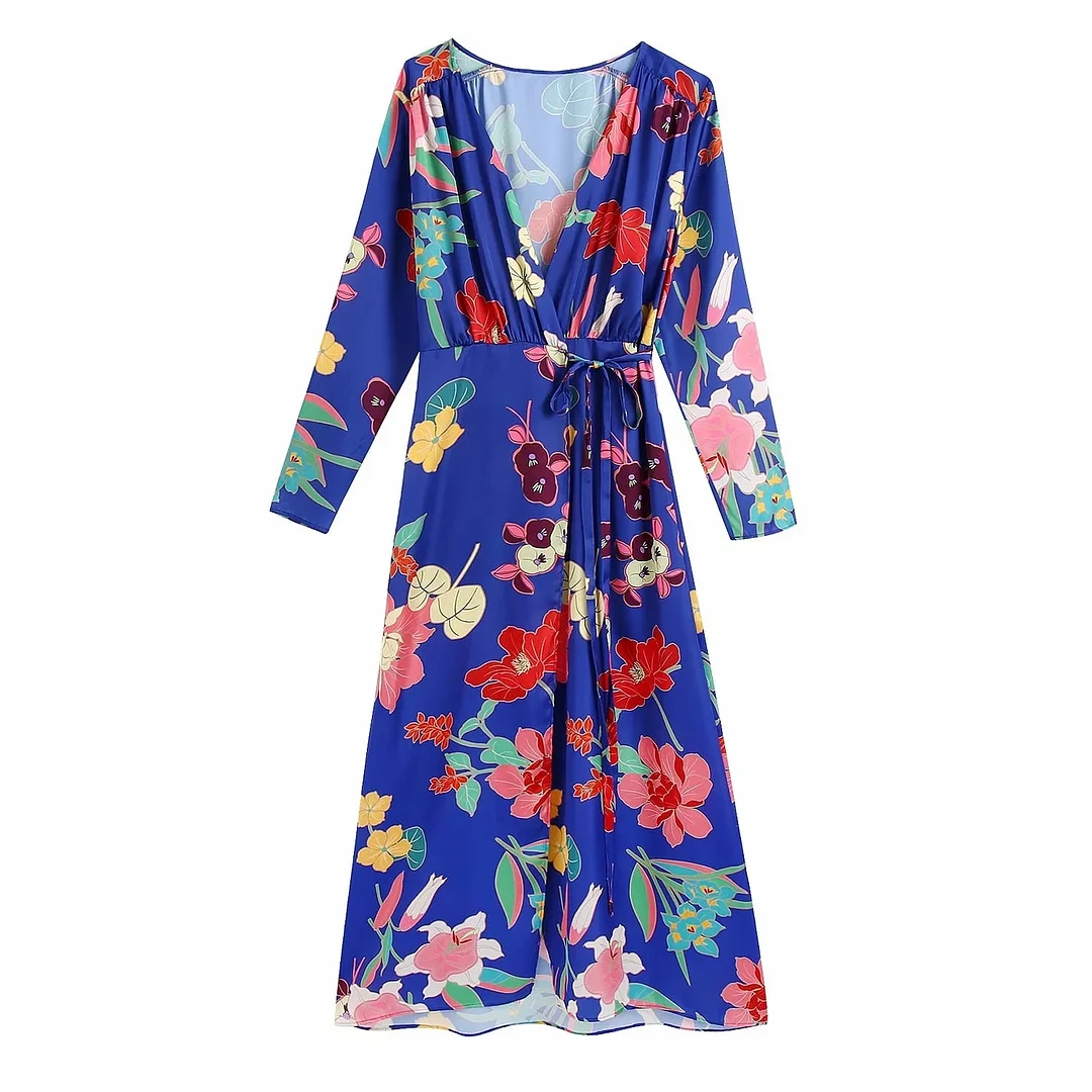Elegant Floral Print High Waist with Belt Women Midi Dress Y2K 2021 Summer Casual Long Sleeve Deep V-neck Bodycon Dresses