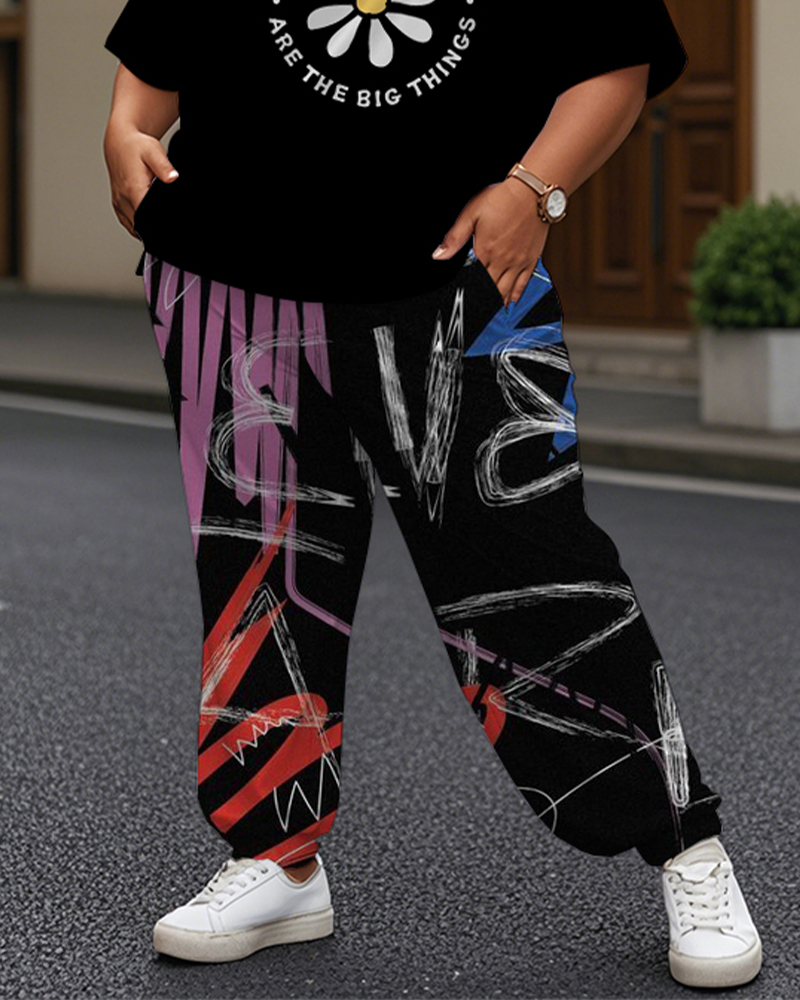 Women's Plus Size Lletter Print T-Shirt and Graffiti Trousers Suit