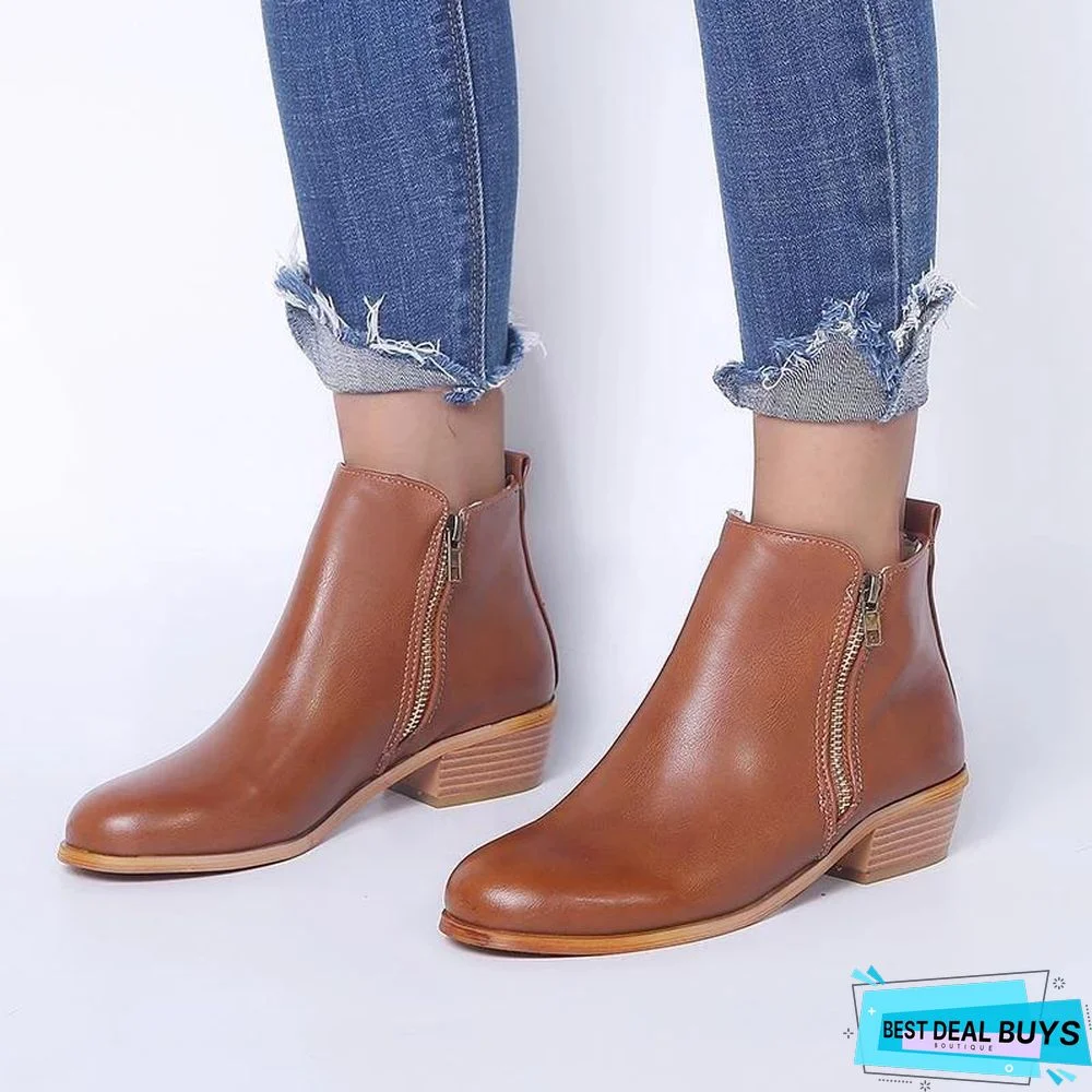 Women Side Zipper Round Toe Ankle Boots