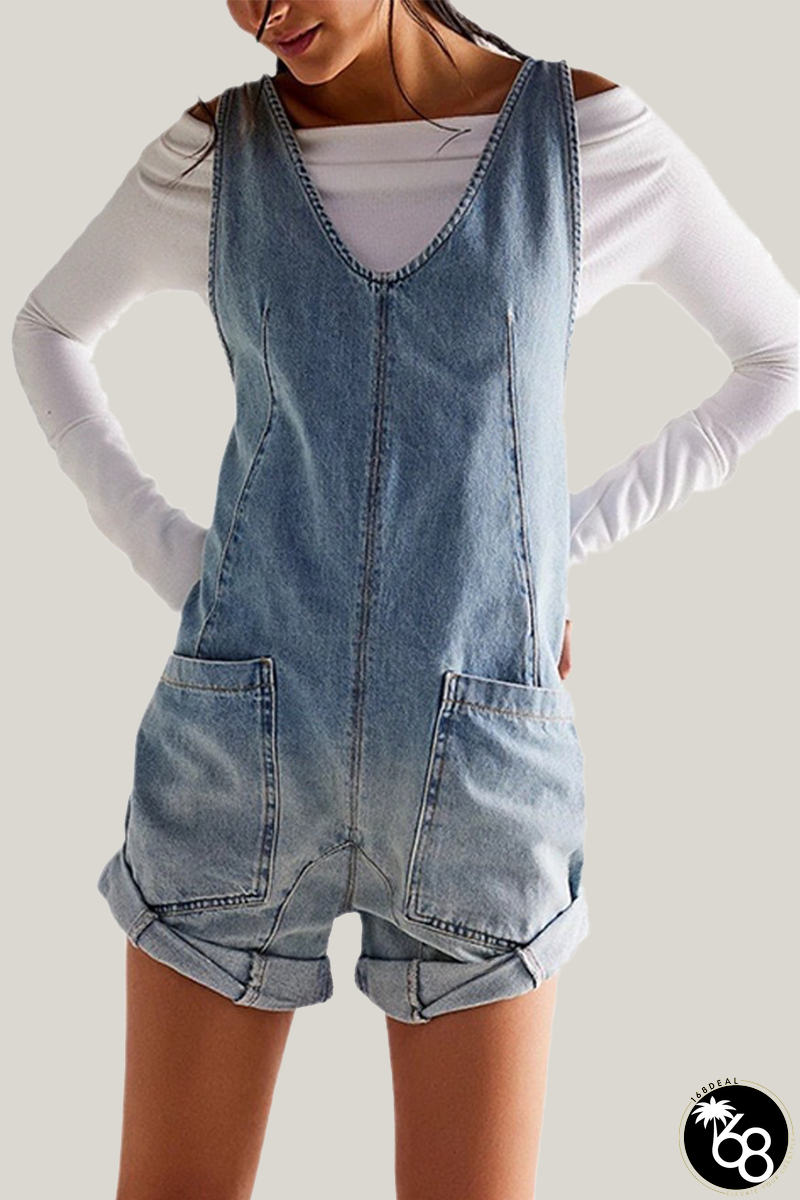 Casual Daily Gradient Print Pocket Contrast V Neck Sleeveless Straight Denim Jumpsuits | 168DEAL
