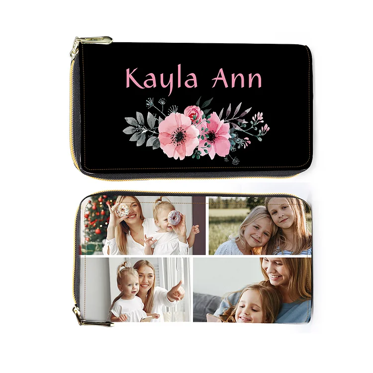 Women Photo Wallet Personalized 4 Pictures Leather Zipper Wallet Mother's Day Gift