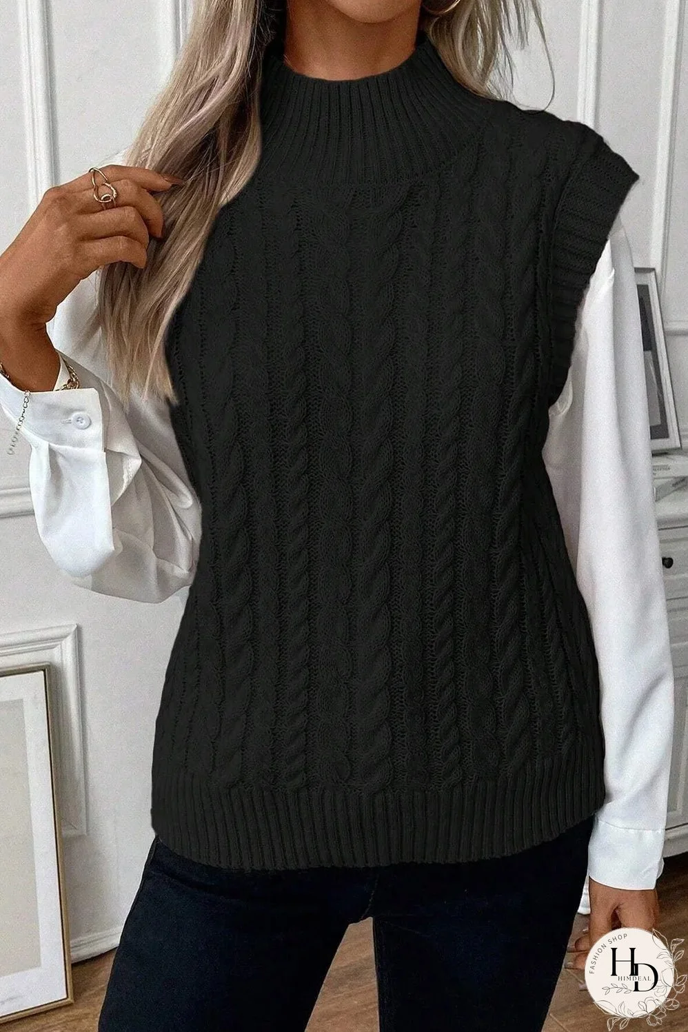 Black Cable Knit High Neck Sweater Vest