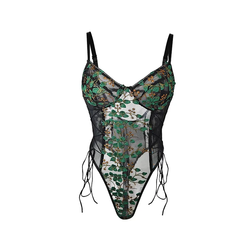 Churchf Churchf New Hot Style Mesh Embroidery Sexy Lace Transparent Back Drawn Rope Slim Waist Jumpsuit Woman