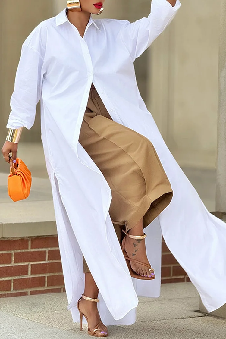 Plus Size Daily White Shirt Collar Split Long Blouses [Pre-Order] 2024 - Xpluswear