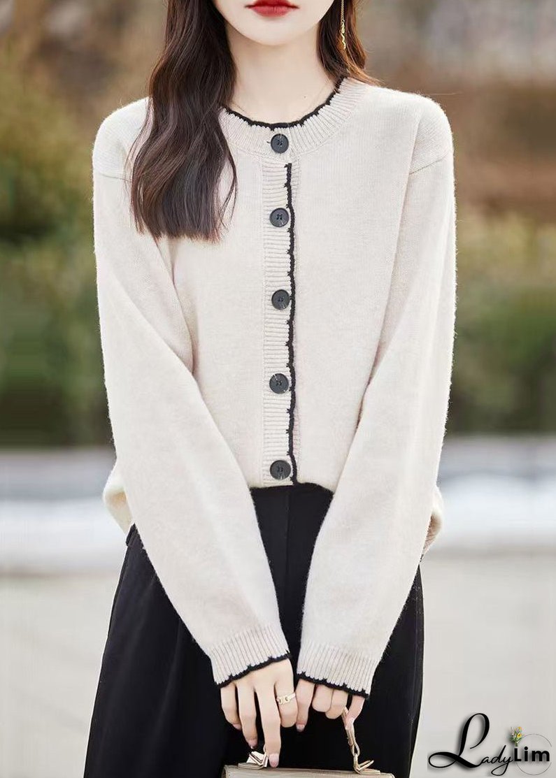 Classy Beige O Neck Button Wool Knit Cardigans Fall