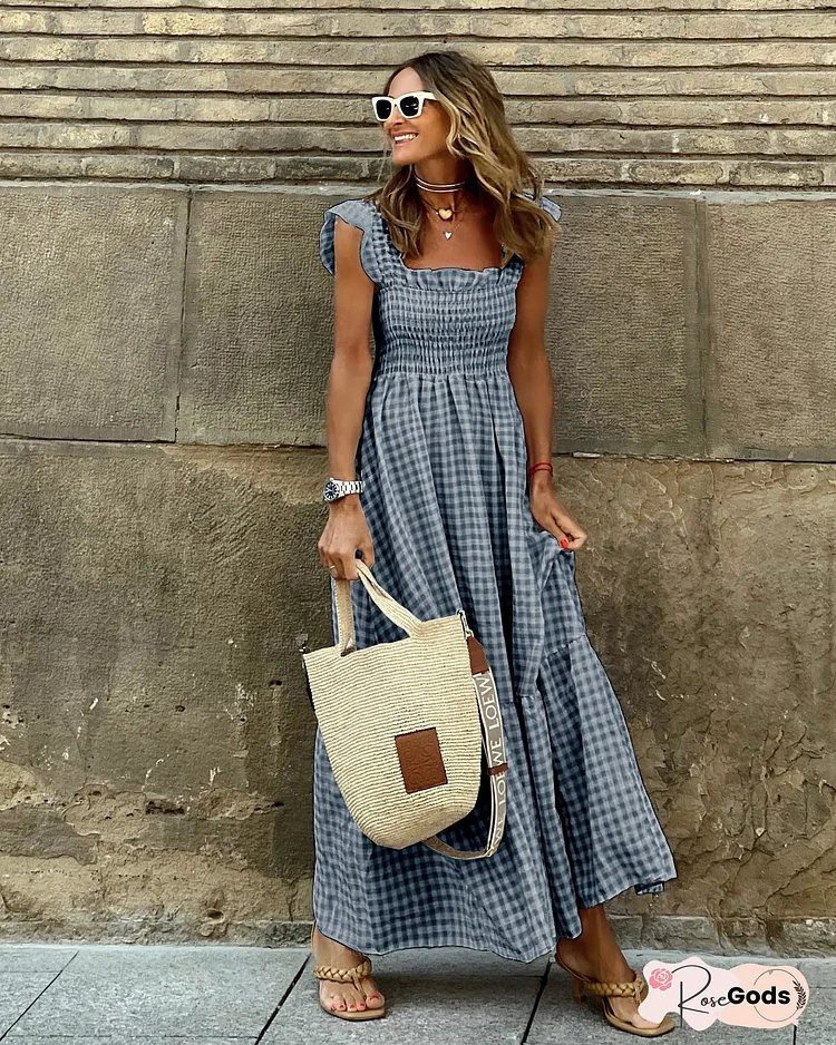 Plus Size Checkered Summer Midi Women Dress With Pockets