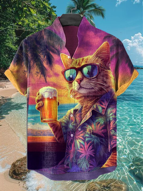 Men's Cat Wearing Sunglasses Sunset Scenery Print Short Sleeve Shirt