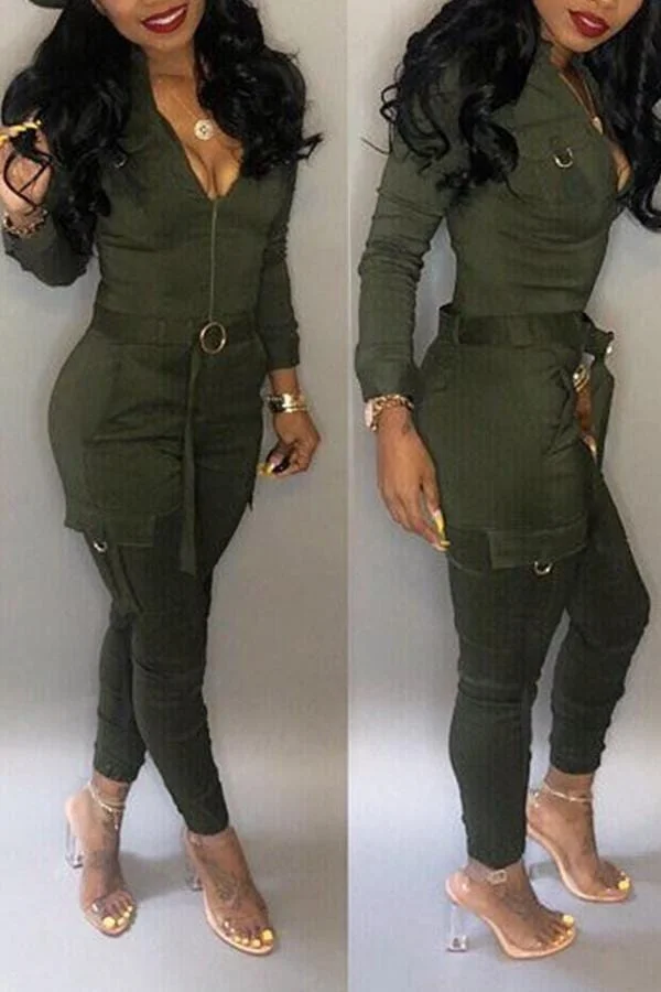 Chic Pockets Skinny Green One-piece Jumpsuit(Without Belt)
