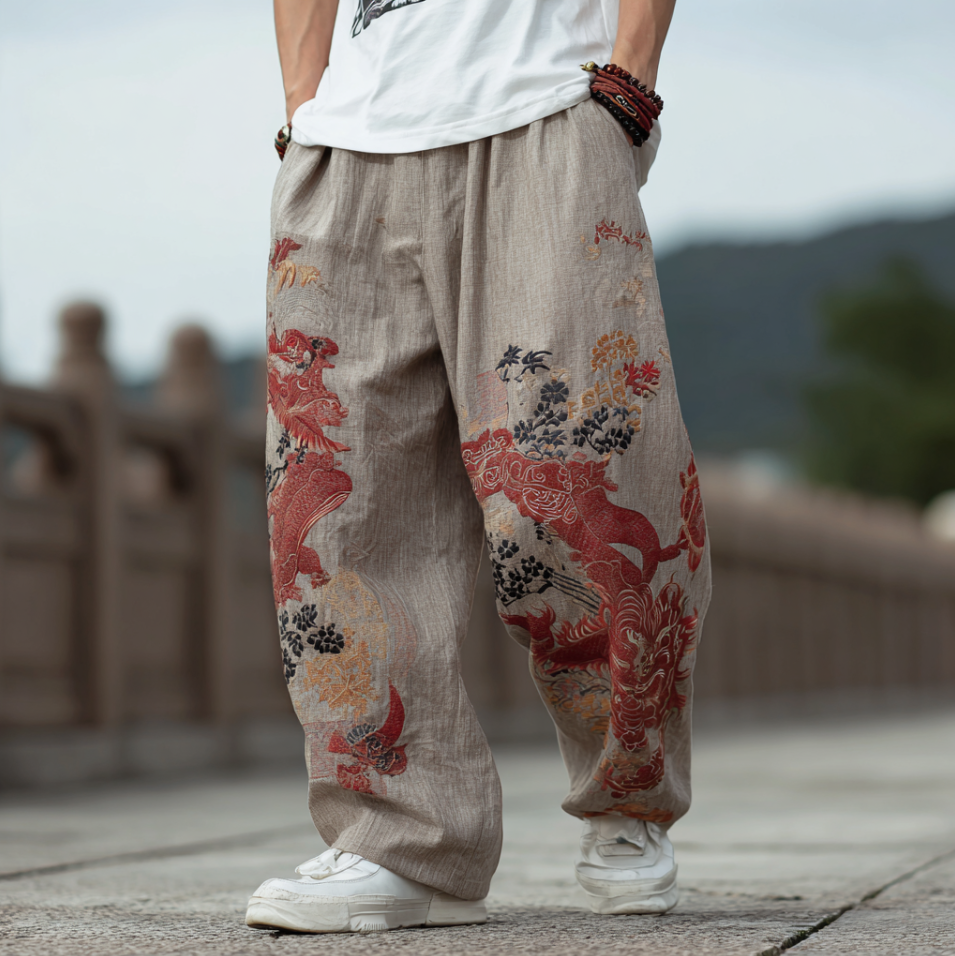 Japanese Art Style Plant Flower And Animal Embroidery Patterns Men's Linen Casual Long Pants  artssus