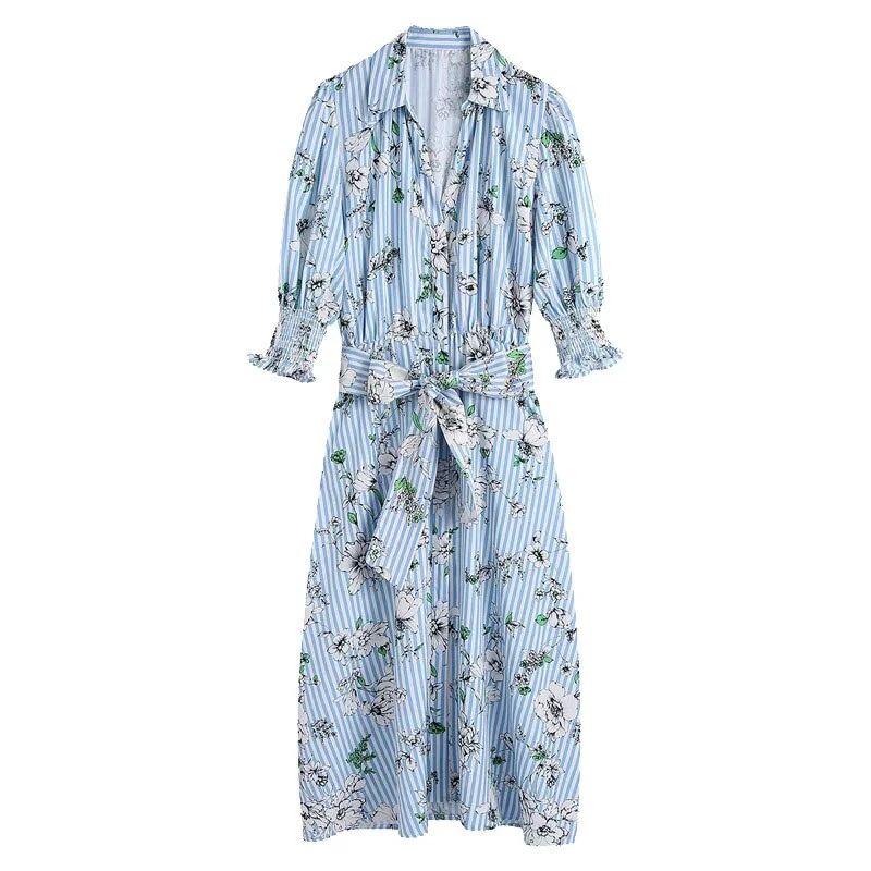 KPYTOMOA Women 2021 Chic Fashion With Belt Floral Print Midi Shirt Dress Vintage Short Sleeve Button-up Female Dresses Vestidos