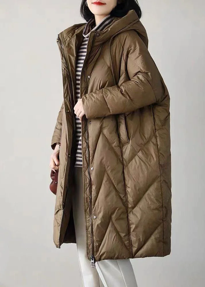 Boutique Coffee Hooded Drawstring Pockets Duck Down Puffer Jacket Winter