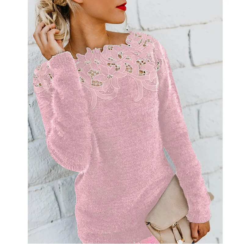 Off Shoulder Lace Splicing Solid Color Sweater
