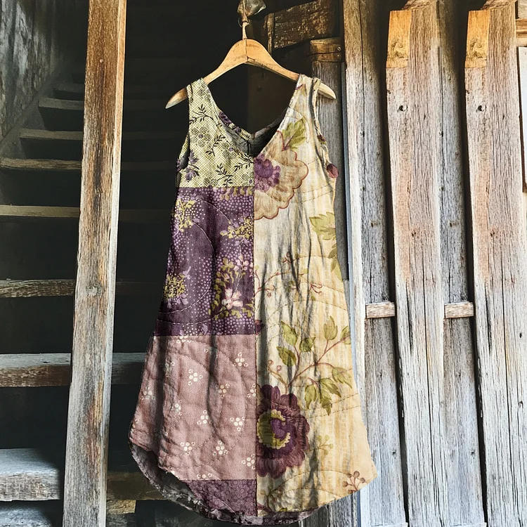 Vintage Purple Floral Patchwork Art Linen Tank Dress
