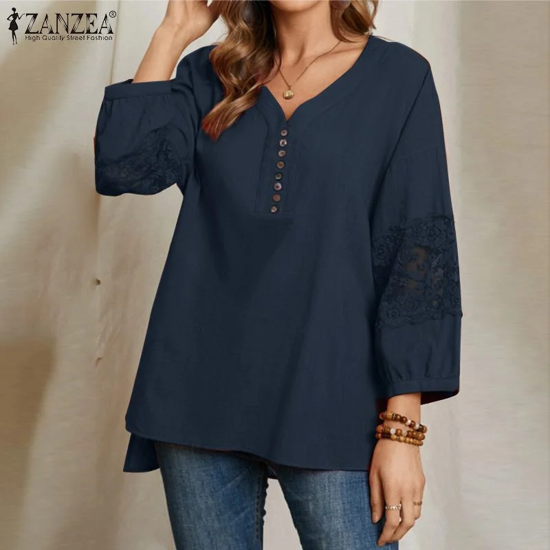 2022 Fashion Lace Patchwork Blouse Women Casual 3/4 Sleeve Crochet Shirt ZANZEA Loose V Neck OL Chemise Irregular Hem Tunic Tops