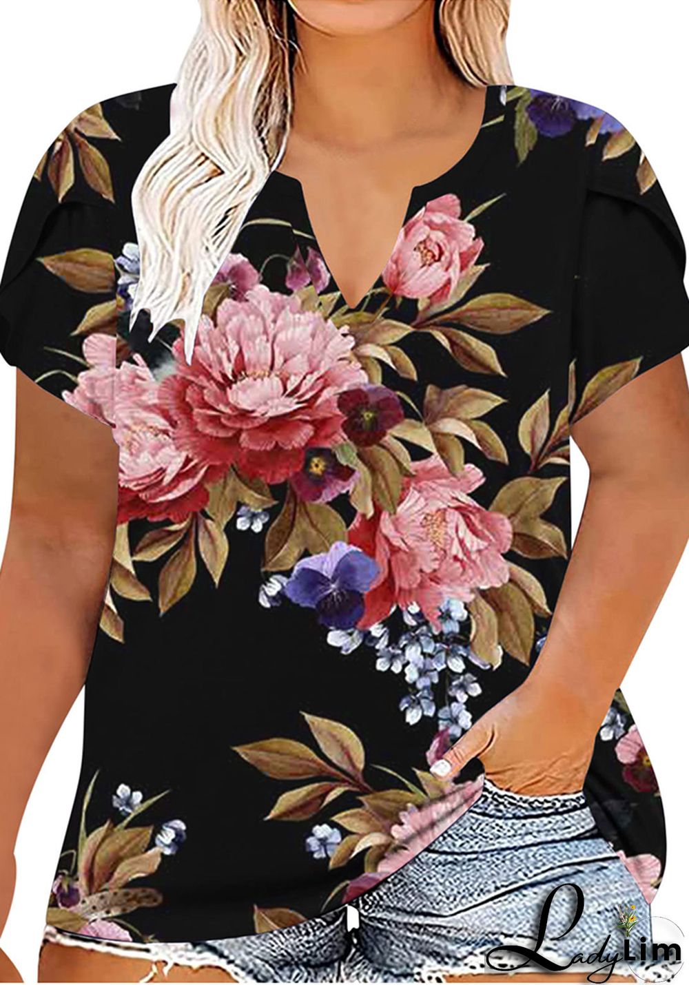 V-Neck Plus Size Ladies Short Sleeve T-Shirt Printed Top