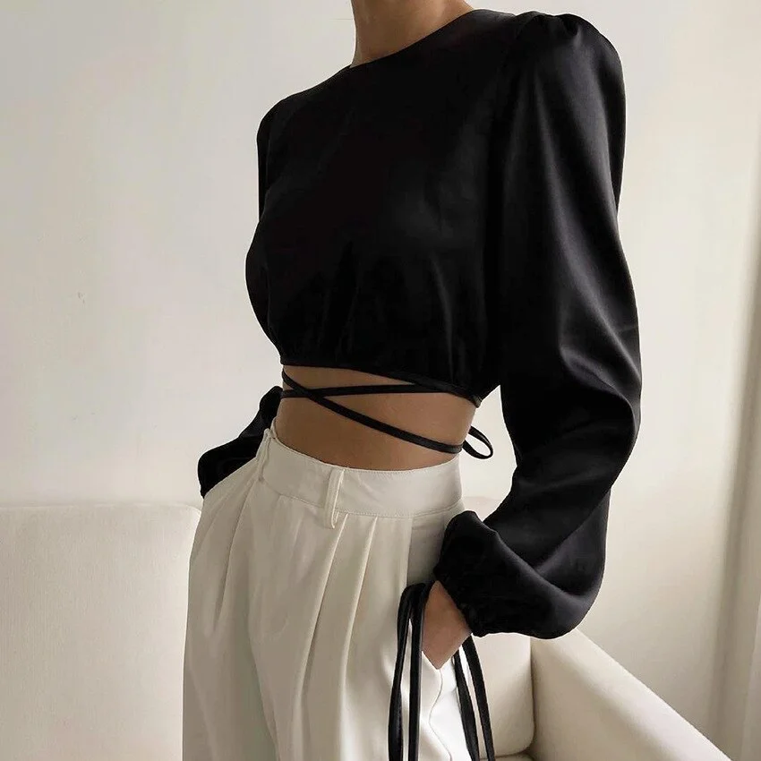 Sexy Bandage Crop Top Women Long Sleeve O Neck Lace Up Backless Fashion Elegant Satin Navel Shirt Autumn Drape Y2K T Shirt 2023