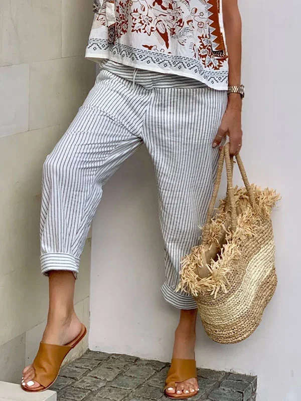 Casual Striped Cotton and Linen Outdoor Women's Pants