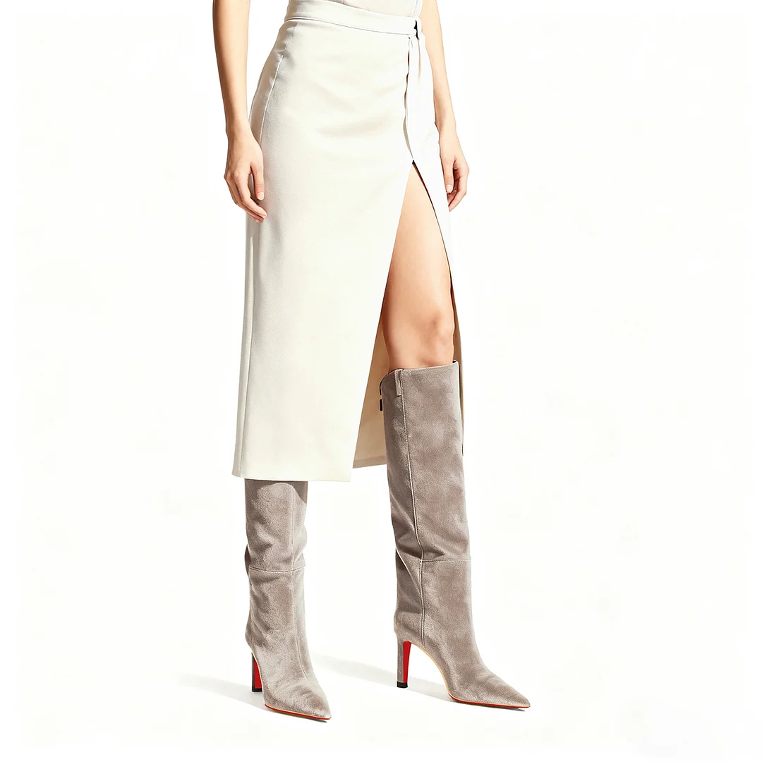 95mm Women's Pointed Toe Stiletto Heel Knee Red Bottom Boots-MERUMOTE