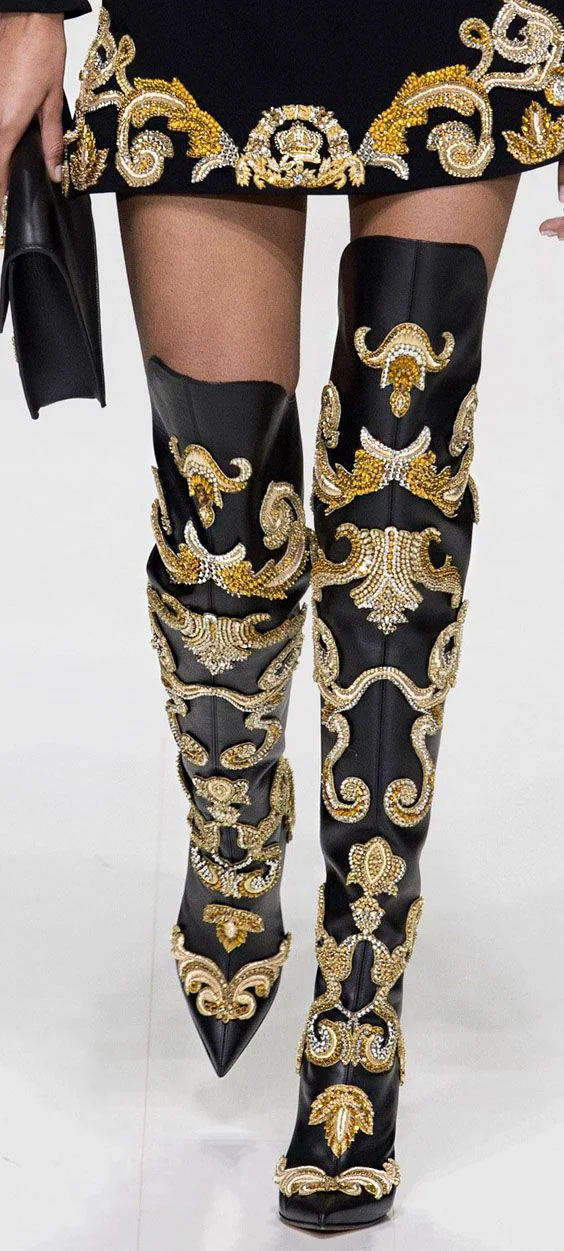 Custom Black Embellished Over Knee Boots Vdcoo