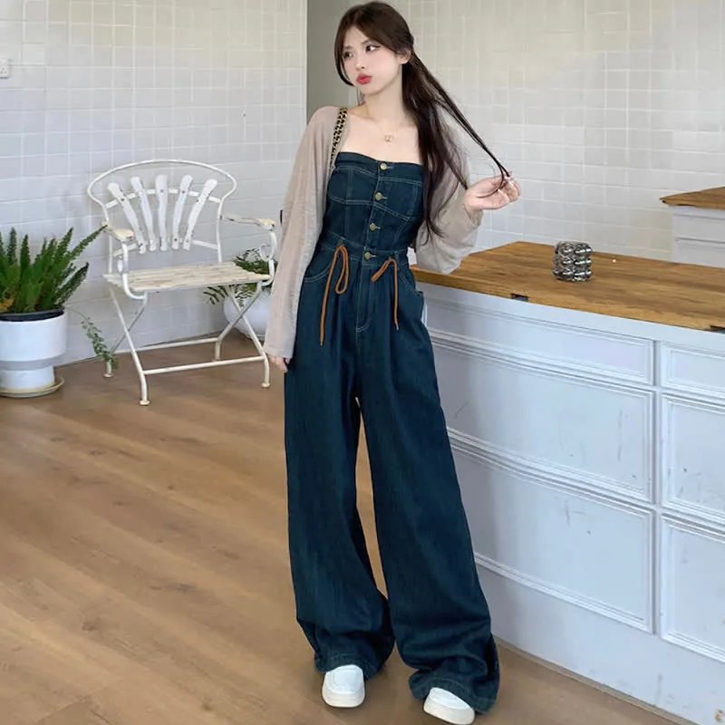 Pure Color Knit Cardigan Off The Shoulder Lace Up Denim Overalls