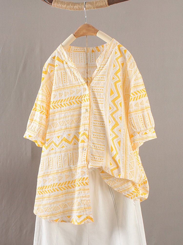 Geometric Print Button Loose Stand Collar Half Sleeve Women Blouse P1858658