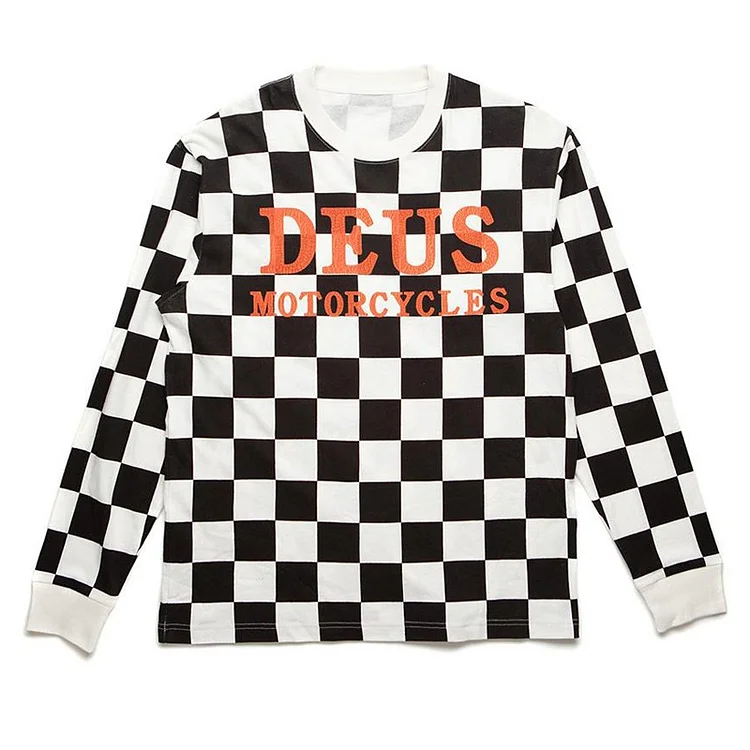 Black and white check motorcycle long-sleeved Casual T-shirt