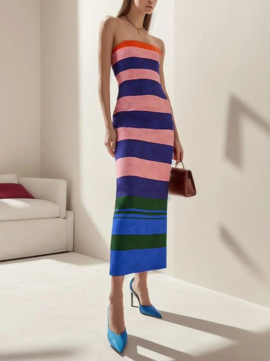 Off Shoulder Sleeveless Striped Midi Dress