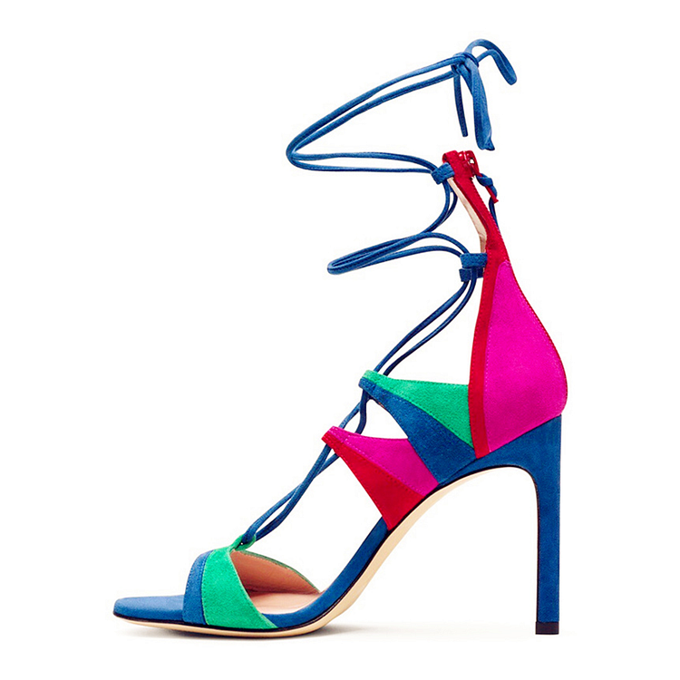 Multi-color Strappy Sandals Vegan Suede Lace up Stiletto Heels |FSJ Shoes
