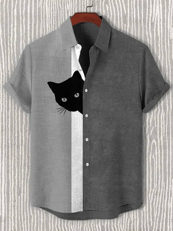 Men's Fun Hide And Seek Black Cat Print Print Casual Shirt