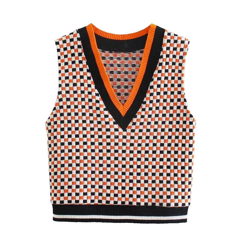 KPYTOMOA Women 2021 Fashion Jacquard Check Cropped Knitted Vest Sweater Vintage V Neck Sleeveless Female Waistcoat Chic Tops