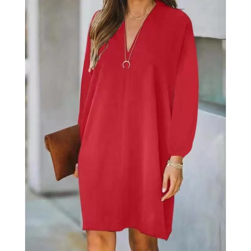 Women's V-neck Long-sleeved Solid Color Loose Dress