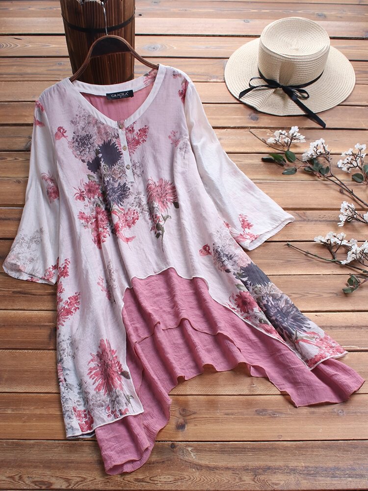 Floral Print Button Fake Two Pieces Chinese Style O neck Blouse P1453950