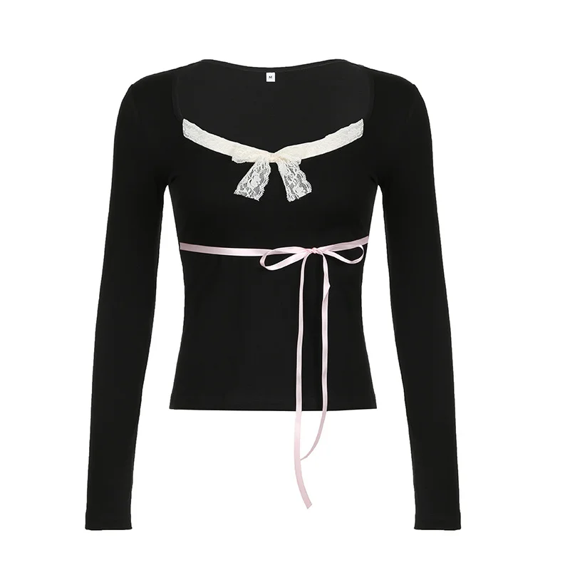 Ueong Desire Girls Feel Lace, Bow, Stitching, Slim, Sweet And Spicy V-Collar Long-Sleeved T-Shirt 2024