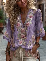 Women's Vintage Rose Embroidery Art Comfy Linen Shirts - Image 8